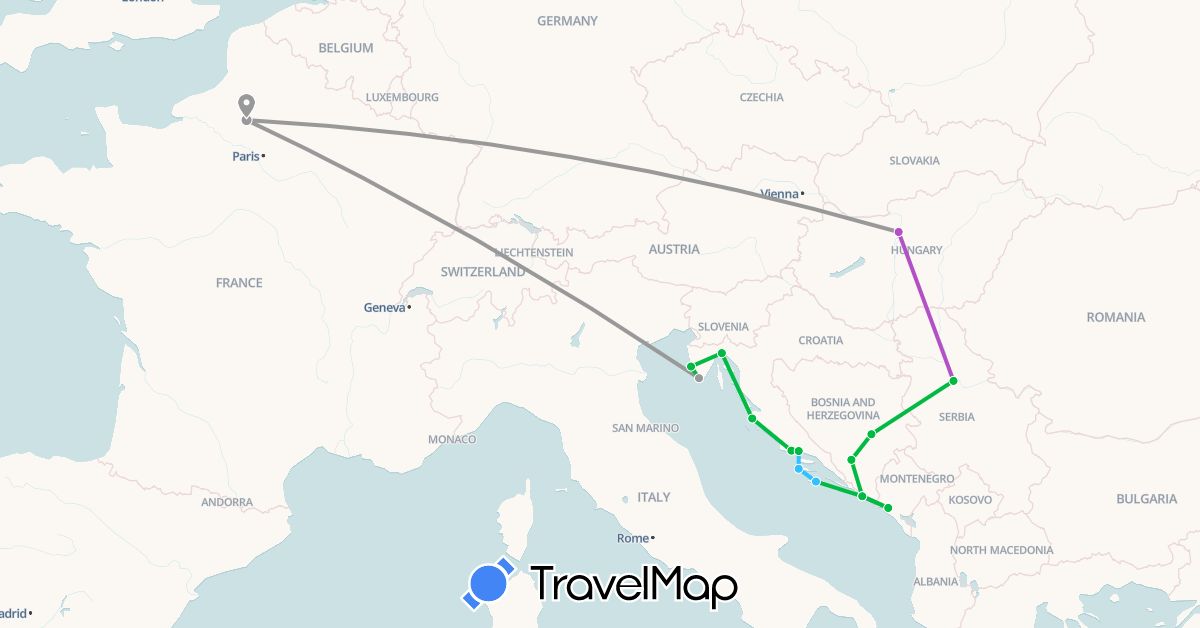 TravelMap itinerary: driving, bus, plane, train, boat in Bosnia and Herzegovina, France, Croatia, Hungary, Montenegro, Serbia (Europe)