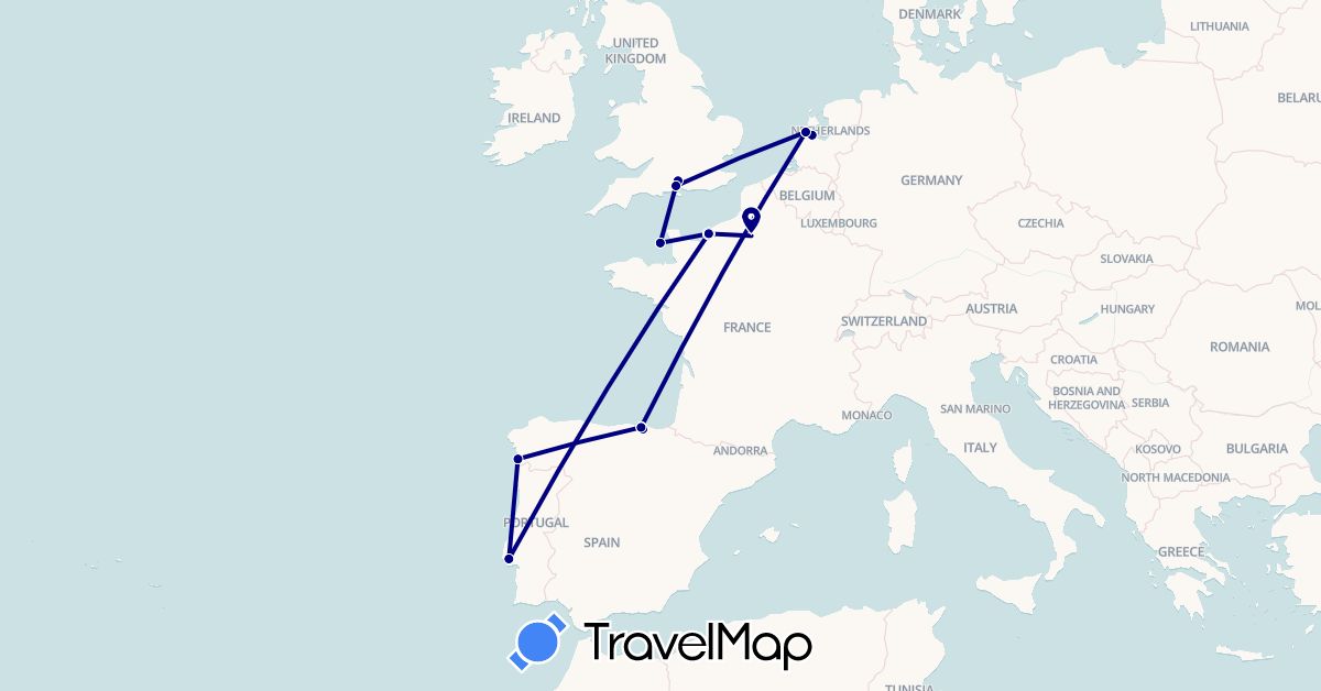 TravelMap itinerary: driving in Spain, France, United Kingdom, Jersey, Netherlands, Portugal (Europe)